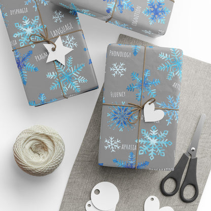 Speech Therapy Snowflake Wrapping Paper - Snowflake Pattern with Speech Therapy Communication Disorders Words