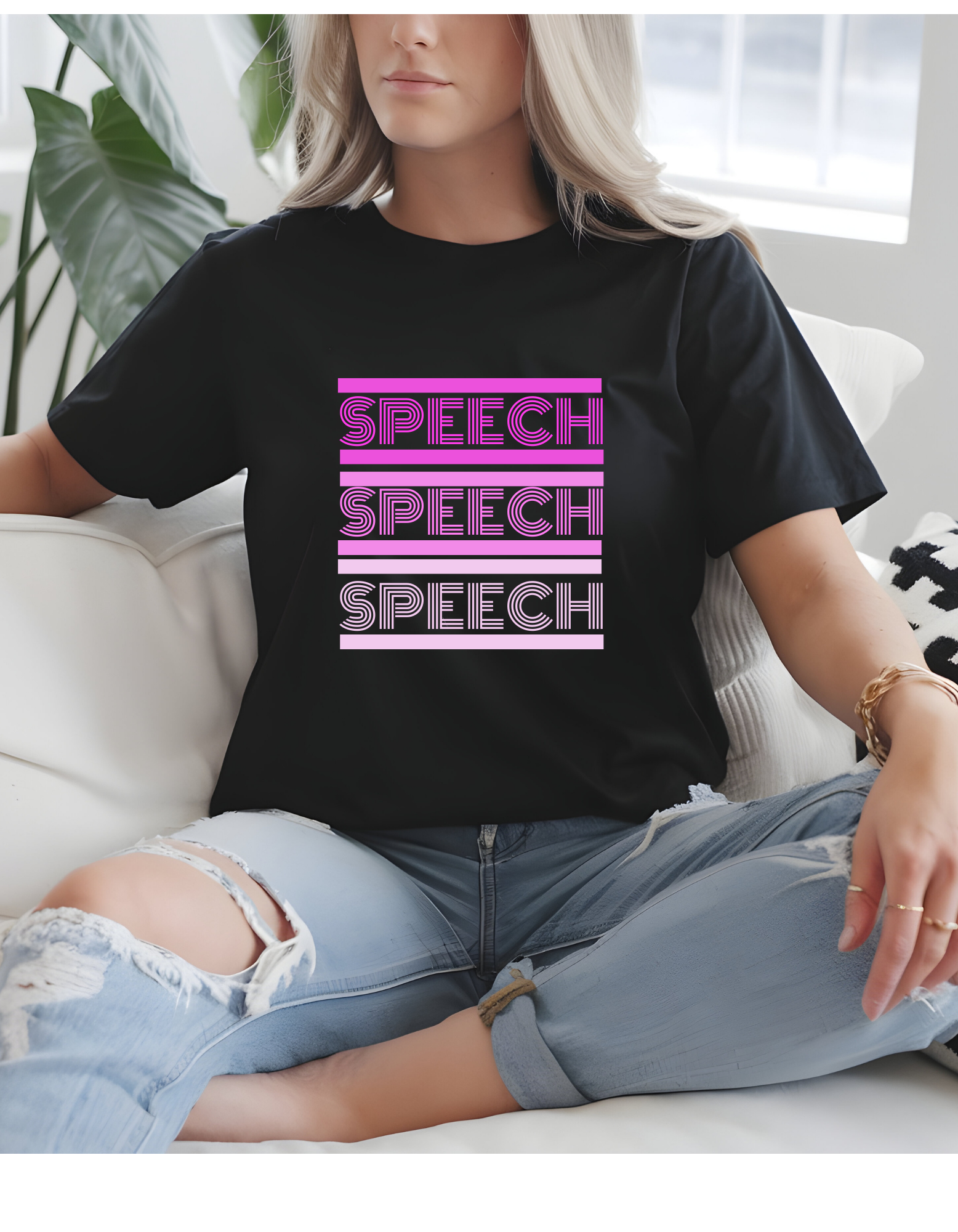 Speech Speech Speech T-Shirt — Retro Pink Gradient Typography Tee for Speech Therapists & Educators