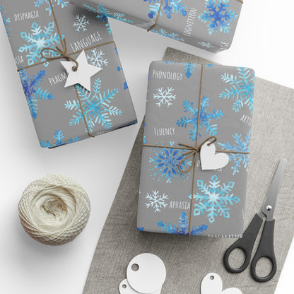 Speech Therapy Snowflake Wrapping Paper - Snowflake Pattern with Speech Therapy Communication Disorders Words